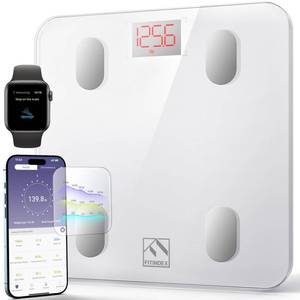 lot 3929 image: FITINDEX Smart Scale for Body Weight, FSA&HSA Eligible, Scale with BMI, Body Fat, Muscle Mass, Bluetooth,13 Body Composition Analyzer, Sync APP, Digital Bathroom, 400lb, White