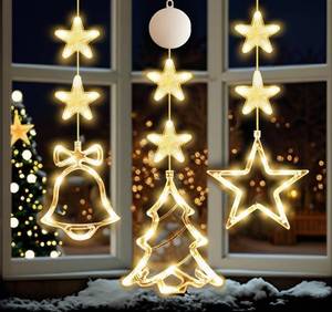 lot 3931 image: Hqyib 3 PCS Christmas Window Lights Decorations, Battery Powered Hanging Warm Lighted Star, Bell & Christmas Tree Shaped Shaped String LED Indoor for Xmas Tree, Window, Fireplace