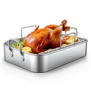 lot 3946 image: EWFEN Roasting Pan,1713 Stainless Steel Turkey Roaster with Rack - Deep Broiling Pan & V-shaped Rack & Flat Rack,Non-toxic & Heavy Duty,Great for Thanksgiving Christmas Roast Chicken Meat Lasagna