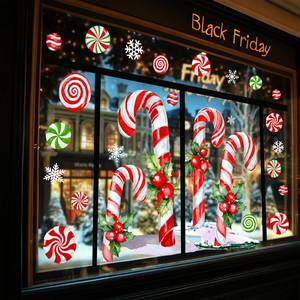 lot 4190 image: Whaline 13.8 x 35.4 Extra Large Christmas Window Clings Red Green Candy Cane Holly Berry Window Stickers Double Sided Glass Decals for Winter Xmas Home Classroom Office Party Decoration, 3 Sheets