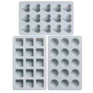 lot 4192 image: REKIDOOL 3 Pieces Candy and Chocolate Silicone Molds Set Non-stick Including Heart, Round, Square Baking Mold for Hard Candy, Gummy, Hot Caramel, Ice, Cake, Jello, Ganache (Blue)