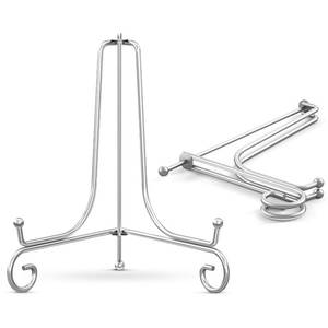 lot 4208 image: TR-LIFE Plate Stands for Display - 10 Inch Holder  Metal Easel Stand for Picture Frame, Decorative Plates, Photo, Book, Collectibles (Silver 2 Pack)