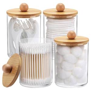lot 4246 image: Tbestmax 4 Pack Qtip Holder, 10-Ounce Bathroom Organizer Accessories Storage Containers Clear Plastic Apothecary Jars with Bamboo Lids for Cotton Ball, Cotton Swab, Floss