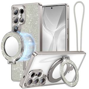 lot 4257 image: Meifigno Magnetic Case with Removable Phone Ring Stand for Samsung Galaxy S25 Ultra, Glitter Card & Wrist Strap MagSafe Compatible Built in Mirror Phone Ring Stand  Phone Case Kit, Silver