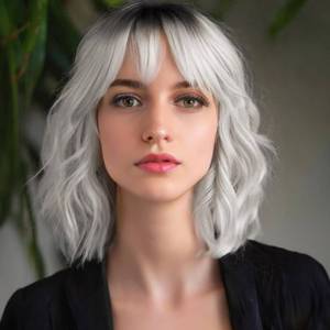 lot 4261 image: MINLEE Silver Gray Wig with Bangs for Women 14 Inch Short Bob Wavy Curly Wig Gray Hair Wigs Heat Resistant Synthetic Wigs
