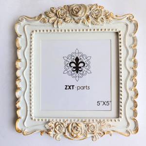 lot 4268 image: ZXT-parts 5x5 Picture Frame Square White and Gold Edge Frame. Resin Handmade Photo Frame. Glass Panel. Black Suede Cover.European Style Suitable for Wall or Desktop.