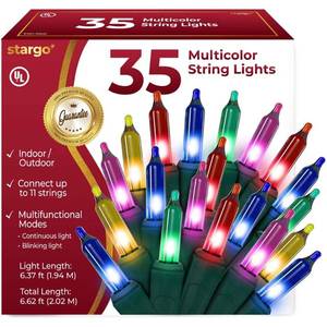 lot 4276 image: Warm Multi Color Christmas Lights - 6.3 ft String of 35 Incandescent Mini Bulbs Multifunctional Lighting Modes, for Decorative, Bedroom, Outdoor, Xmas Twinkle Tree Lights with Green Wire Total 6.6 ft