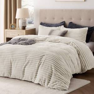 lot 5461 image: Bedsure Fluffy Duvet Cover Set - Ultra Soft Plush Shaggy Comforter Cover King Size, Warm Flannel Fleece Bed Sets for Winter, 3 Pieces (Striped Pattern, Linen)