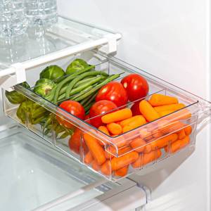 lot 5487 image: BINO  Pull-out Fridge Organizer  THE HANGER COLLECTION  Fridge Drawer Organizer with 2 Dividers  Clear Pantry Drawer Organizers  Shelf Holder Storage Drawers for Fruits, Veggies & Drinks