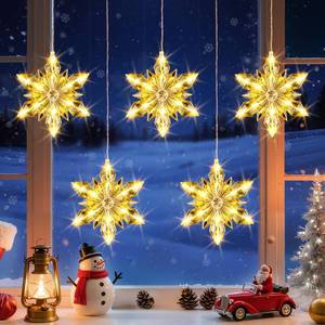 lot 5498 image: Christmas Snowflakes Window Lights, 5 Pack 60 LEDs Waterproof Hanging Battery Operated Christmas Decoration with Timer for Indoor Outdoor Xmas Home Winter Party Patio Bedroom Decor, Warm White