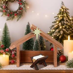 lot 5505 image: Yaomiao 2 Pcs Small Christmas Nativity Stable Manger Decorations 9.25 x 7.08 Inch Wood Nativity Scene with Roof Star for Inside Scale Holy Family Tiny Wooden Stable Shed Creche Home Desk Decor