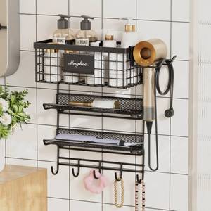 lot 5519 image: Magheo Hair Dryer Holder Wall Mounted, Adheisve Hair Styling Tool Organizer for hair BrushAppliance Wall Mount with 4 Tier Shelf Basket Hooks Blow Dryer and Straightener Holder for Bathroom(Black)