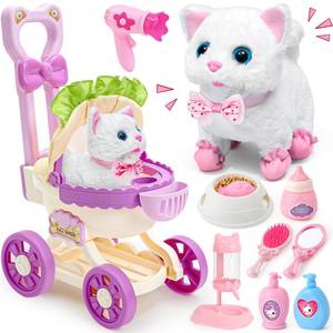 lot 5525 image: G.C Cat Toys for Kids Girls, Electronic Interactive Stuffed Cat Walk Meow and Wag Tail with Stroller Pet Care Accessories Toys Pretend Play Birthday Gifts for Toddlers Girls 3 4 5 6 7 8 Year Old