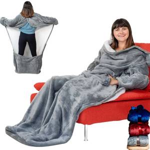 lot 5529 image: Giant Blanket with Sleeves and Foot Pocket -Patent Pending- Dorm Gamer Gifts - Premium Gifts for Dad Who Wants Nothing (Double Layer Fleece and Sherpa, Silver Grey)