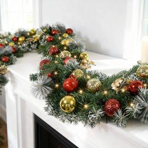 lot 5534 image: Beinhome 6 Ft Pre-Lit Christmas Garland, Artificial Christmas Hanging Garland with Lights Timer, Red Gold Glitter Ball Decoration for Home Stairs Table Fireplace Xmas Holiday Festival Decor