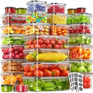 lot 5541 image: 56 Piece Food Storage Containers with Lids(28 Containers & 28 Lids), BPA-Free Plastic Food Containers for Kitchen Storage and Organization, Leak Proof Meal Prep Container, Includes Labels & Pen One of the lids cracked