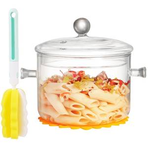 lot 5547 image: Clear Glass Cooking Pot With Lid And Brush And Silicone Hot Pads On Stove - 1.5L(51oz)Borosilicate Glass Simmer Pot And Pan With Cover - Glass Cookware Stovetop Pot Set For Pasta, Noodle, Soup, Milk
