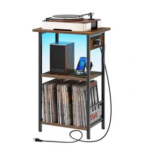 lot 5553 image: HOOBRO Record Player Stand with Charging Station and LED, Turntable Stand with Storage, 3 Tier End Table Hold Up to 100 Albums, Record Table for Vinyl, Living Room, Rustic Brown and Black BF06UDRS01