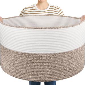 lot 5556 image: OIASKET Large Blanket Basket with Handles, 22.8 x 22.8 x 13 Woven Storage Basket for Living Room, Cotton Rope Baby Toy Storage for Clothes, Pillows, Towels-Brown & White