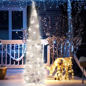 lot 5574 image: 5FT Pop up Christmas Tree for Indoor Decoration Pre-lit Mini Christmas Tree with 60 Lights, Silver White Artificial Pencil Tree Collapsible Tinsel Lighted up with Snowflake Glitter