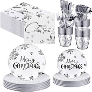 lot 5575 image: Sliner 230 Pcs Christmas Disposable Plastic Plates Set 7 and 9 Silver Plates Snowflake Plastic Plate with Paper Napkins Knives Forks Spoons Cups for Holiday Xmas Dinnerware Decorations Tableware Set