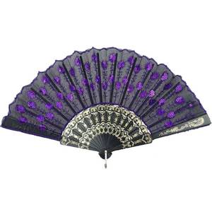 lot 6044 image: INNOLIFE Elegant Colorful Embroidered Flower Peacock Pattern Sequin Fabric Folding Handheld Hand Fan Hand-Crafted (Purple)