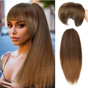 lot 6052 image: UAmy hair Long Yaki Straight Drawstring Ponytail with Bangs for Black Women 20 inch T1B27 Synthetic Slight Kinky Straight Ponytail with Bangs Clips in Thick Ponytail Extension(T27)