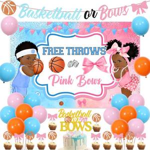 lot 6053 image: JOYMEMO Basketball or Bows Gender Reveal Decorations - Free Throws or Pink Bows Backdrop, Banner, Cake Topper, Cupcake Toppers, Balloons for Baby Shower Party Supplies