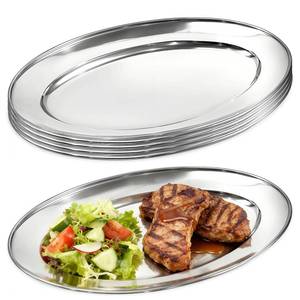 lot 6102 image: Zmpkhba 6 Packs Stainless Steel Oval Platter, Metal Plates, Oval Aluminum Platter for Decorative Snack Candy Pizza Fruit Camping Sliver Long & Deep 13 x 8.4 Inch