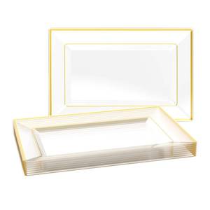 lot 6104 image: FOCUSLINE 8 PCS Plastic Serving Trays for Party, Clear and Gold Rim Serving Platters and Trays, Premium Plastic Fruit Tray, Disposable Platters for Cupcake, Dessert, Appetizers