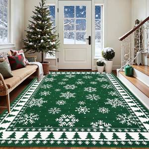 lot 6150 image: ROYHOME Christmas Area Rug Modern Bordered Machine Washable Rug Holiday Decorative Xmas Tree and Snowflake Floor Cover Carpet Non Slip Stain Resistant Accent Rug for Living Room Decor, Green, 3 x 5