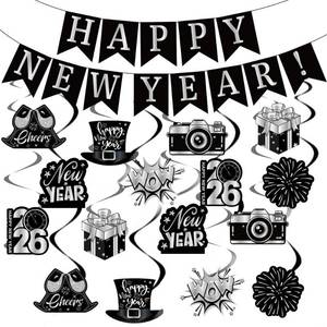 lot 6156 image: New Year Decorations 2026, Happy New Years Banner& 16Pieces Hanging Swirls for Happy New Year Eve NYE Party Supplies( Black Silver)