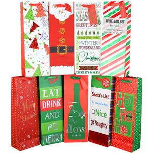 lot 6164 image: Iconikal 16-Pack Heavy-Duty Christmas Wine Bottle Gift Bags, Thick Paper with Ribbon Handles, Assorted Holiday Designs, Perfect for Festive Wine Gifting, Xmas Parties, and Bulk Holiday Wrapping