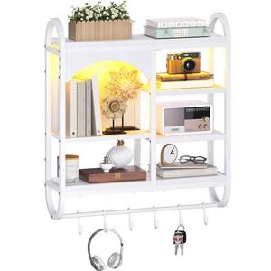 lot 6181 image: HOOBRO Gaming Floating Shelves with LED Lights, 28.5 LED Wall Mounted Shelf, Modern Display Shelf for Wall Storage, Floating Rack with Hanging Rod and 6 S-Hooks, for Gaming Room, White