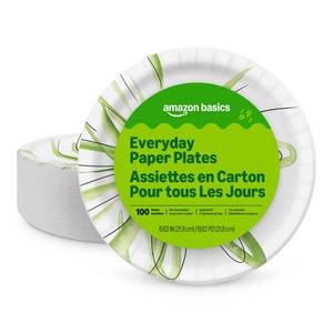 lot 6199 image: Amazon Basics Everyday Paper Plates, 8.62 Inch, Disposable, 100 Count, Packaging May Vary One of the plates has stain at the bottom