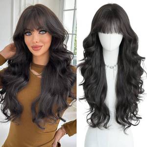 lot 6214 image: PARK YUN Black Hair Long Wavy Wig With Bangs 30 Inches Sthetic Thick Wig Heat Resistant Ladies Body Wave Wigs For Black Women Natural Looking Daily Party Use