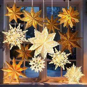 lot 6234 image: A12Pcs Christmas Paper Snowflake Lanterns, 3D Christmas Paper Star Lanterns with LED Lights, 1012 Inch White Beige Khaki Hanging Snowflake Lamps Xmas Winter Frozen Wedding New Year Party Decorations