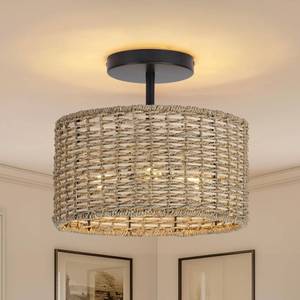 lot 7467 image: JIWUZHI Boho Light Fixtures Ceiling Mount,12.6 Rattan Ceiling Light Fxiture,3-Light Semi Flush Mount Light Fixture,Farmhouse Wicker Ceiling Light for Hallway Bedroom Kitchen Nursery Entryway