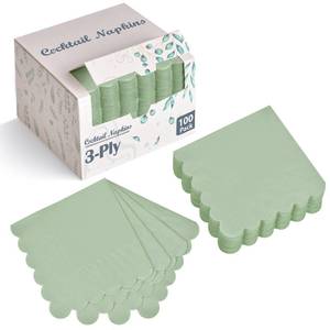 lot 8073 image: 100 Pack Cocktail Napkins, 3-Ply Scalloped Edged Wedding Napkins Folded 5 x 5 Inches Dessert Napkins, Disposable Napkins for Dinner Birthday Party Bridal Anniversary Baby Shower Reception (Sage Green)