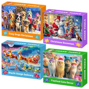 lot 8094 image: 100 Piece Christmas Puzzles for Kids Ages 4-6, 4 Pack Jigsaw Puzzles for Kids Ages 6-8, Christmas Cats Dogs Snowman Sleigh Xmas Gifts for Boys and Girls Learning Educational Holiday Puzzles 5-8 8-10