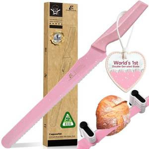 lot 8095 image: CoquusAid 2025 Upgrade Bread Knife for Homemade Bread, World��s 1st Double Serrated Knife with 5 Thickness Adjustable Slicing Guide, Stainless Steel Bread Cutter, Razor Sharp for Sourdough, Pink