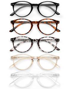 lot 8098 image: JOLISU 5 Pack Reading Glasses For WomenMen-Blue Light Blocking Computer Reader wRound Frame-Retro Fake Eyeglasses (Black  Transparent leopard  tortoise  Orange, 0.5, x)