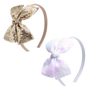 lot 8134 image: Kiszu Sparkly Sequin Hair Bow Headband for Girls, Kids, and Toddlers - Fashion Cute Boutique Style Hair Accessory - 2 Piece (Gold,White)