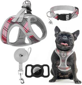 lot 8150 image: EXPAWLORER Classic Plaid Puppy Harness - Dog Collar and Leash - Soft Mesh Padded Adjustable Step in Small Dog Vest Harness No Pull, Reflective Escape Proof for Outdoor Walking, Grey Small