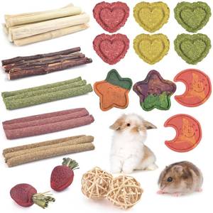 lot 8154 image: ERKOON 33PCS Bunny Chew Toys for Rabbits Teeth, Natural Rabbit Toys Apple Wood Sticks, Carrot, Timothy Grass Treats for Small Pets, Hamster, Chinchilla, Guinea Pig Dental Care and Treat Teething Toys