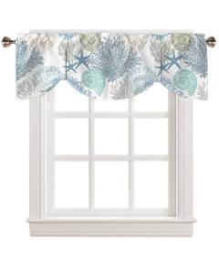 lot 8156 image: Tie Up Valance for Windows Nautical Coastal Ocean Coral Curtains Valances Rod Pocket Valance Window Treatments Beach Themed Blue Teal Balloon Curtains for Kitchen Living Room Bedroom Bathroom 42x18