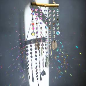lot 8158 image: HDCRYSTALGIFTS 13inch Hanging Window Suncatcher Rainbow Maker Glass Crystal Mobile Wind Chimes with AB Prisms & Natural Leaf Drops Autumn Home Wall Art Decoration Gift