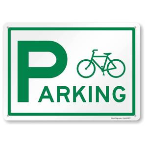 lot 8160 image: SmartSign 10 x 14 inch ��Bicycle Parking�� Metal Sign With Bicycle Graphic, 40 mil Laminated Rustproof Aluminium, White and Green, Made in USA