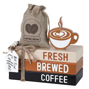 lot 8166 image: Coffee Bar Decor, DECSPAS Wooden Book Stacks with Bead Garland for Coffees Bar Accessories, FRESH BREWED COFFEE Sign Coffees Bar Decorations for Home, Tiered Tray, Table, Rustic Farmhouse Decor