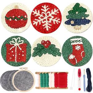 lot 8188 image: 6PCS Christmas Pattern Punch Needle Coasters Kit, Easy DIY Punch Needle Embroidery Kit for Beginners Adults Kids Including Patterns, Tools, Yarns, Hoop, Instruction, Coaster Holder Art Craft Supplies